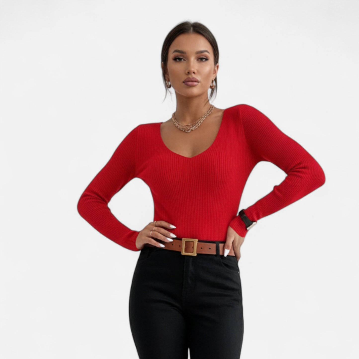 Zarenzio | Women's Cotton Acrylic Rib Knit V-Neck Pullover Sweater