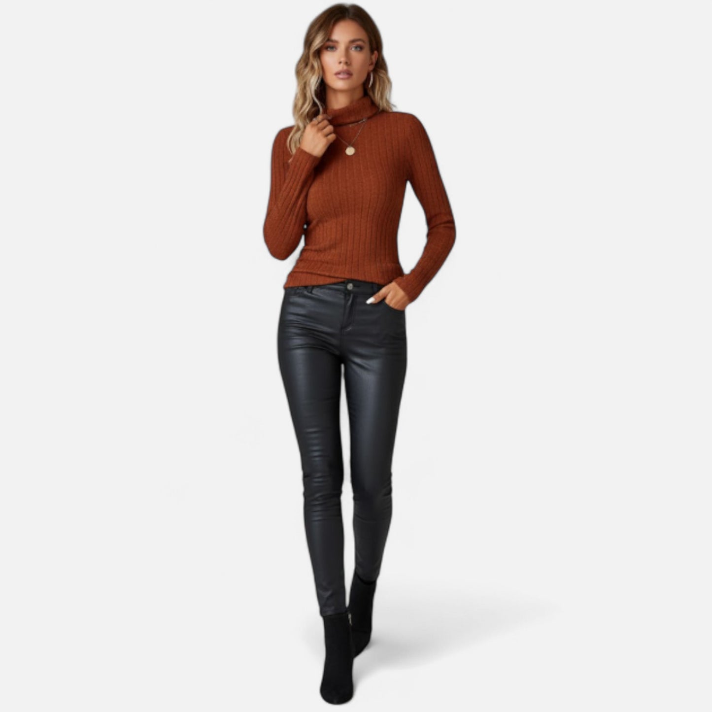 Zarenzio | Women’s Ribbed High-Neck Long-Sleeve Top