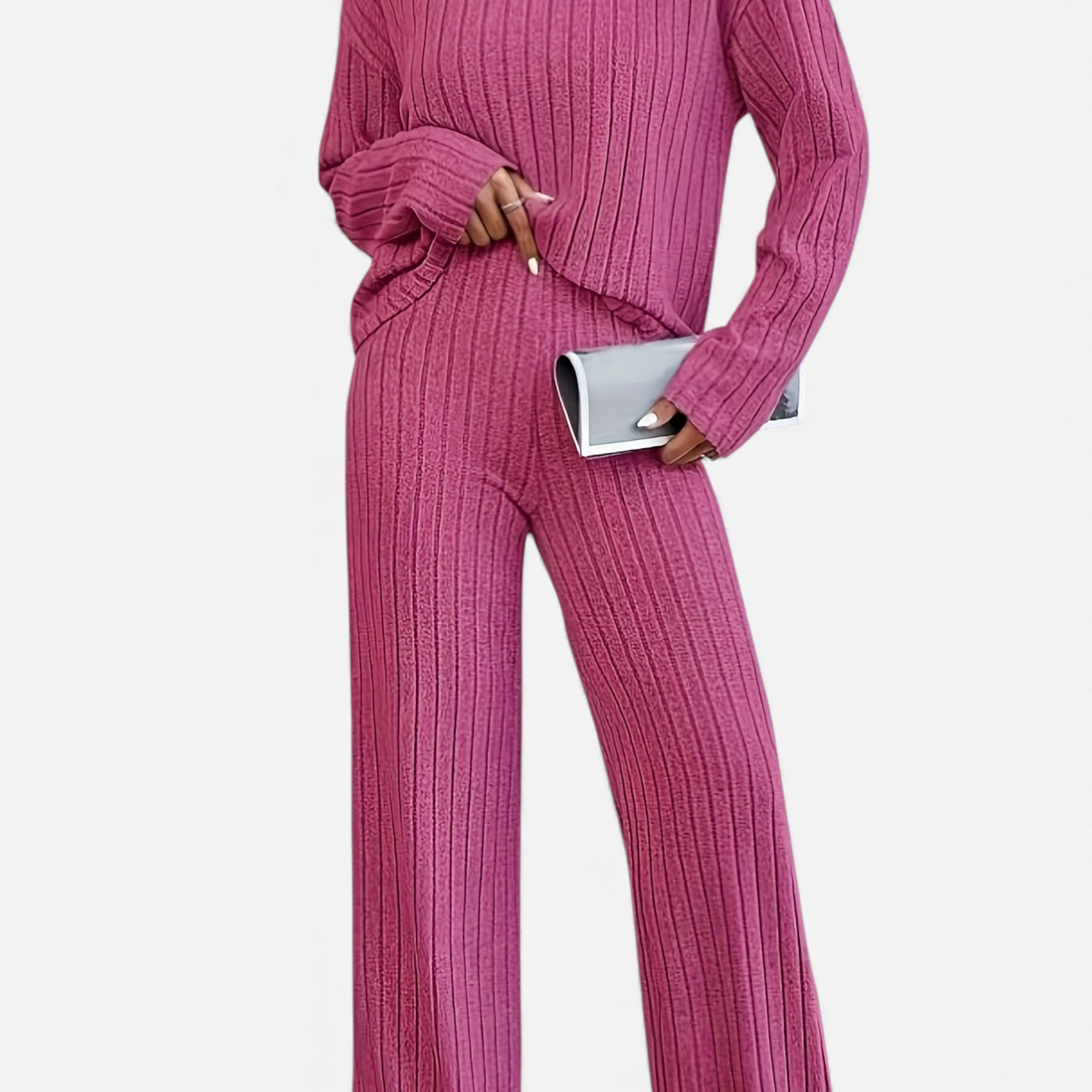 Zarenzio | Women’s Ribbed Co-ord Set with Wide-Leg Trousers