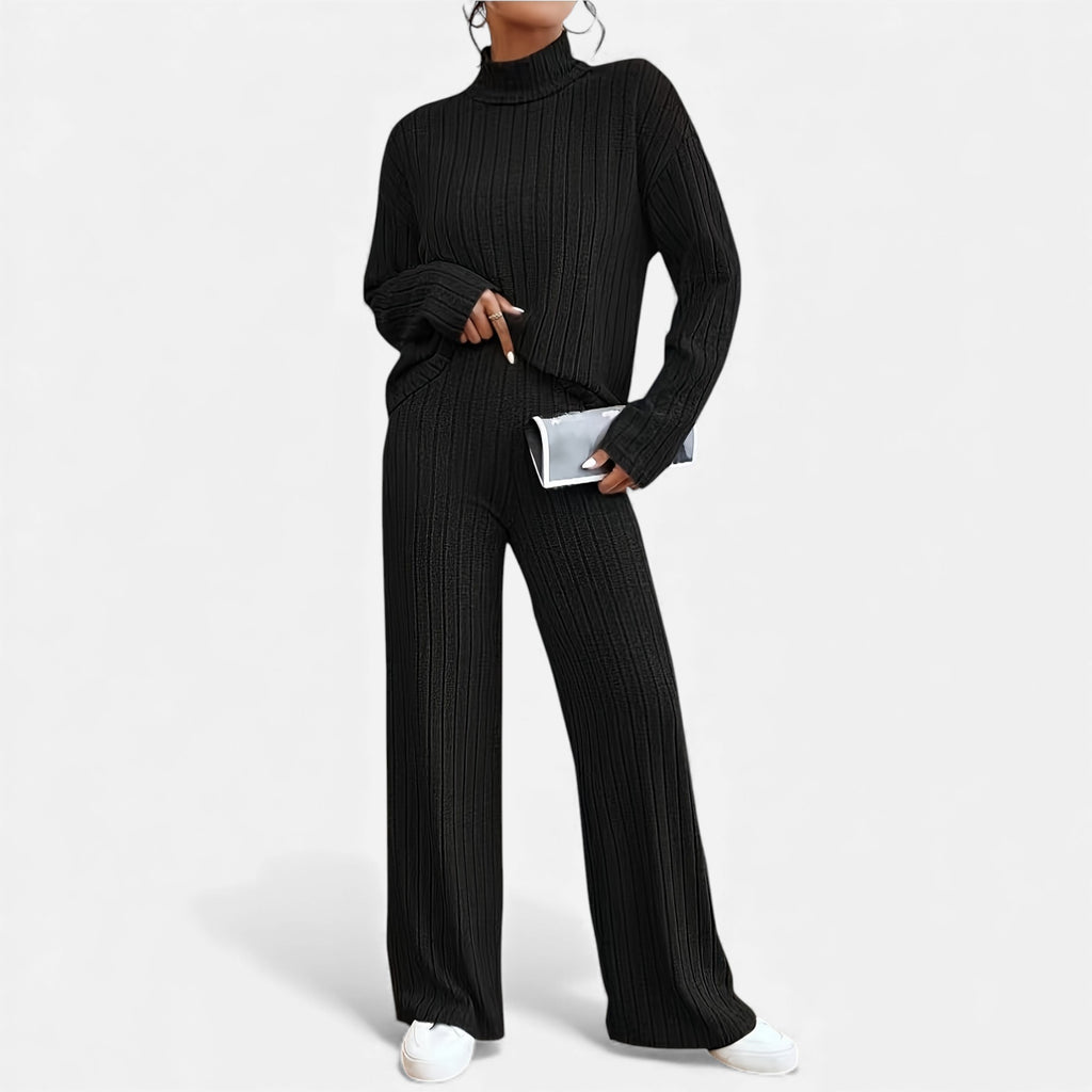 Zarenzio | Women’s Ribbed Co-ord Set with Wide-Leg Trousers