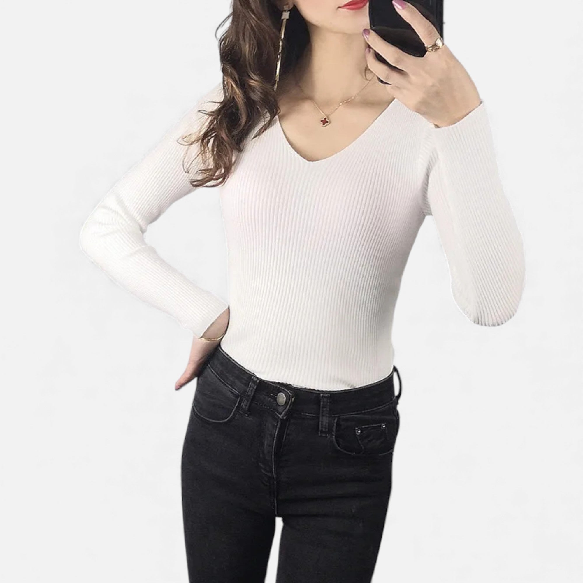 Zarenzio | Women's Cotton Acrylic Rib Knit V-Neck Pullover Sweater