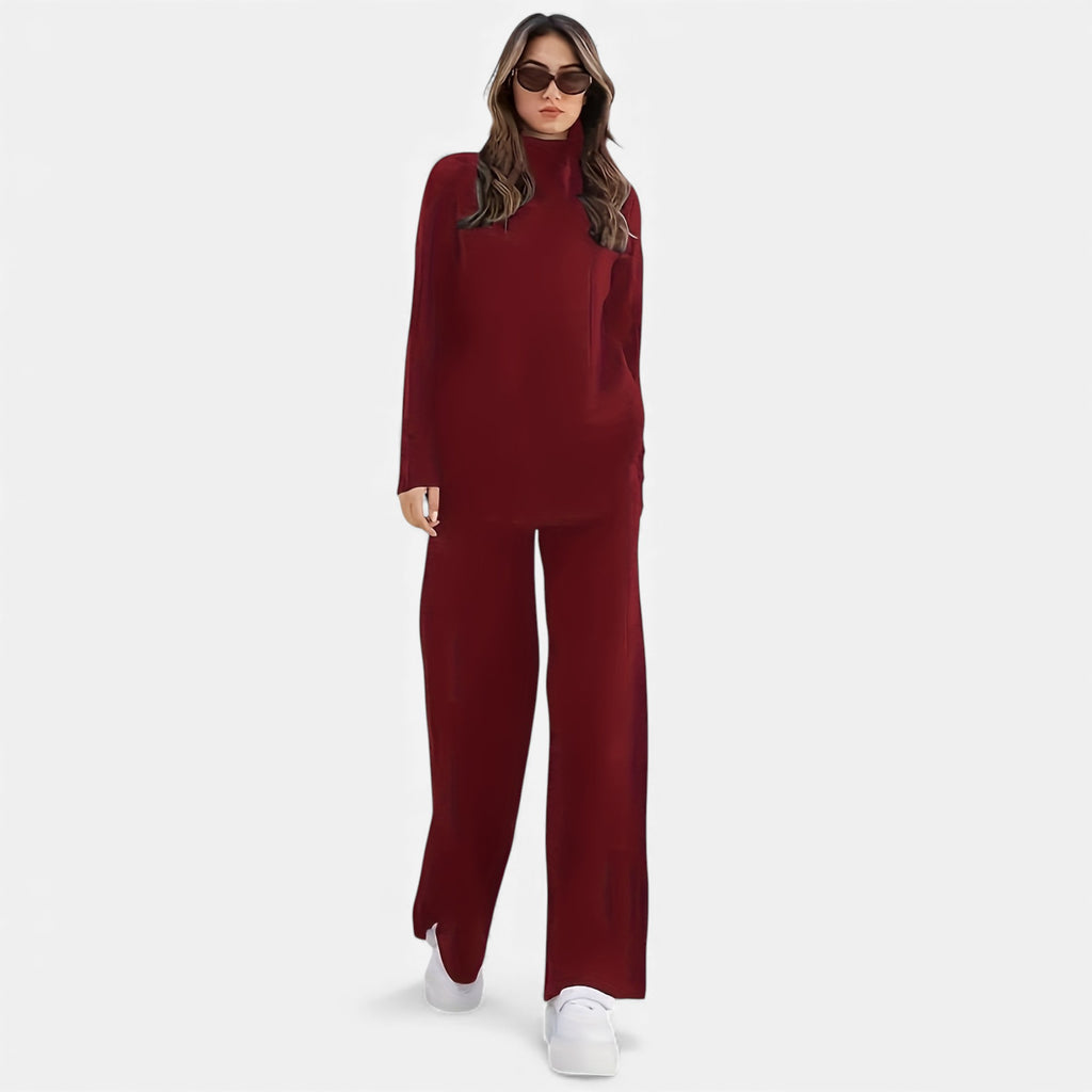 Zarenzio | Women’s Ribbed Co-ord Set with Wide-Leg Trousers