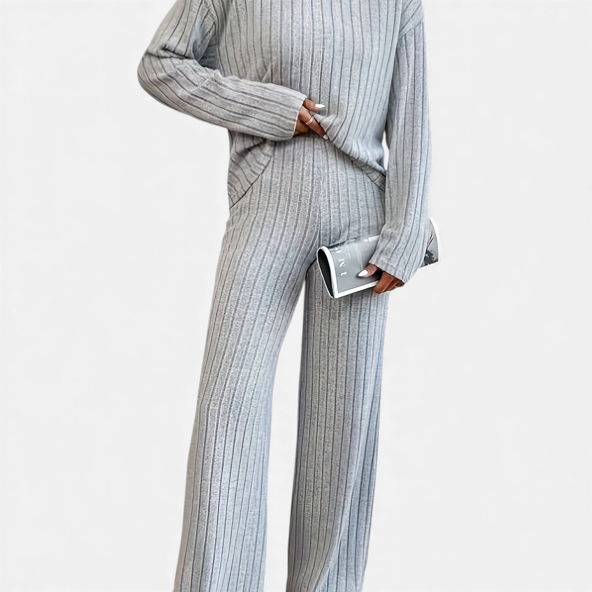 Zarenzio | Women’s Ribbed Co-ord Set with Wide-Leg Trousers
