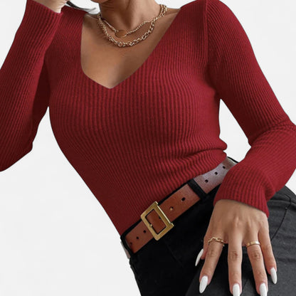 Zarenzio | Women's Cotton Acrylic Rib Knit V-Neck Pullover Sweater