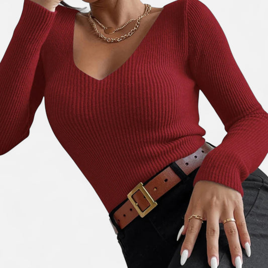 Zarenzio | Women's Cotton Acrylic Rib Knit V-Neck Pullover Sweater
