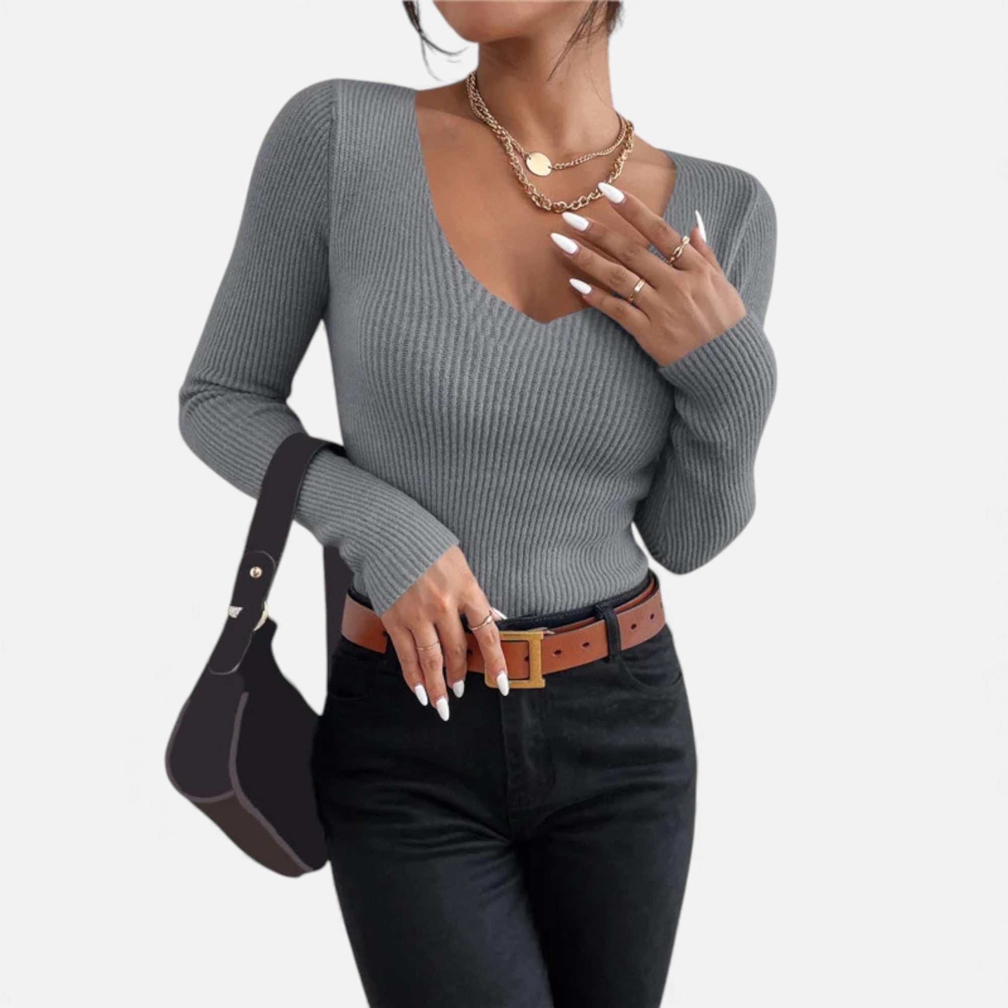 Zarenzio | Women's Cotton Acrylic Rib Knit V-Neck Pullover Sweater