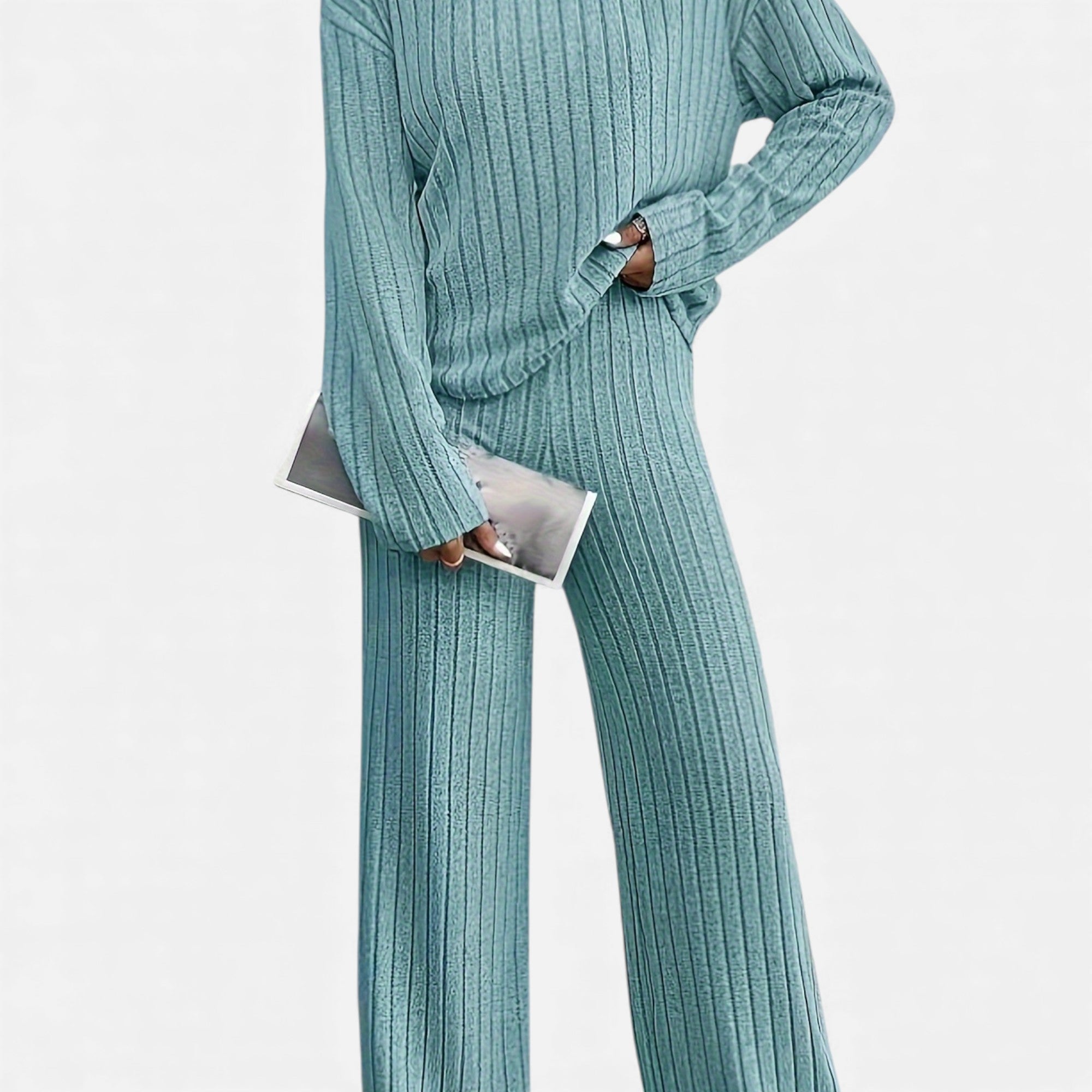 Zarenzio | Women’s Ribbed Co-ord Set with Wide-Leg Trousers