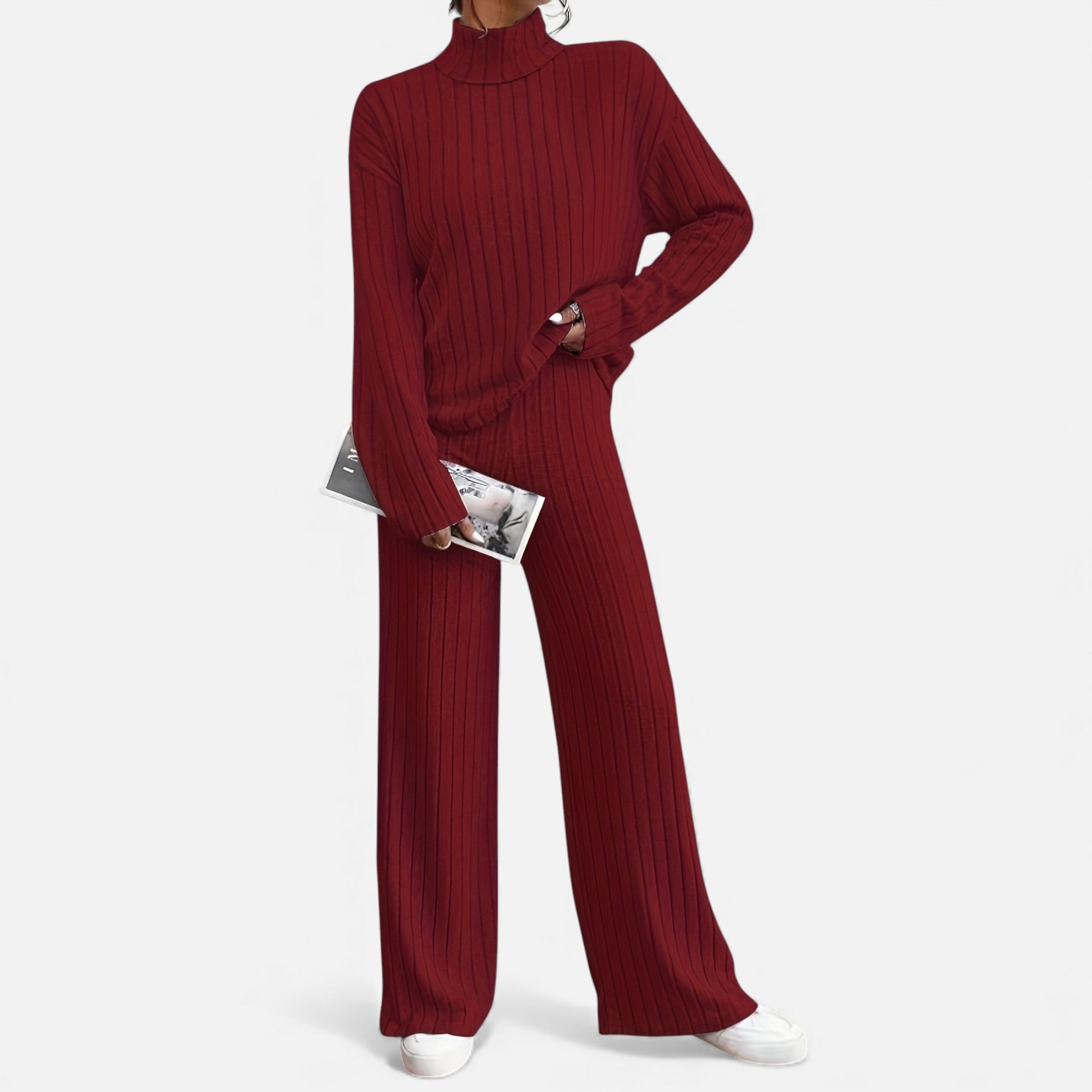 Zarenzio | Women’s Ribbed Co-ord Set with Wide-Leg Trousers