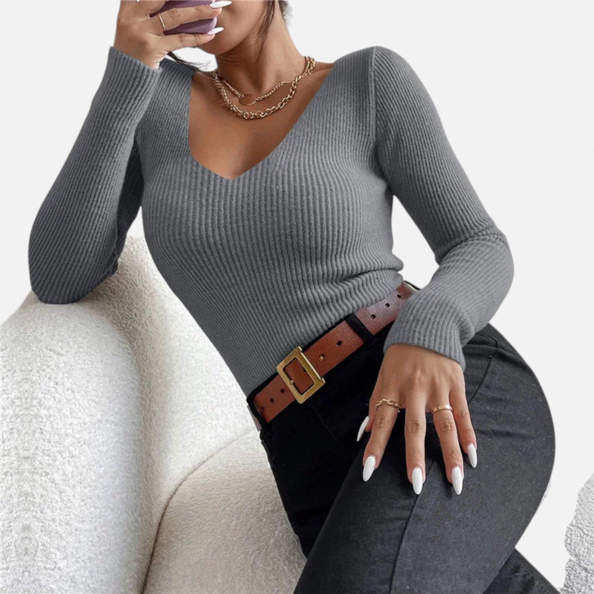 Zarenzio | Women's Cotton Acrylic Rib Knit V-Neck Pullover Sweater