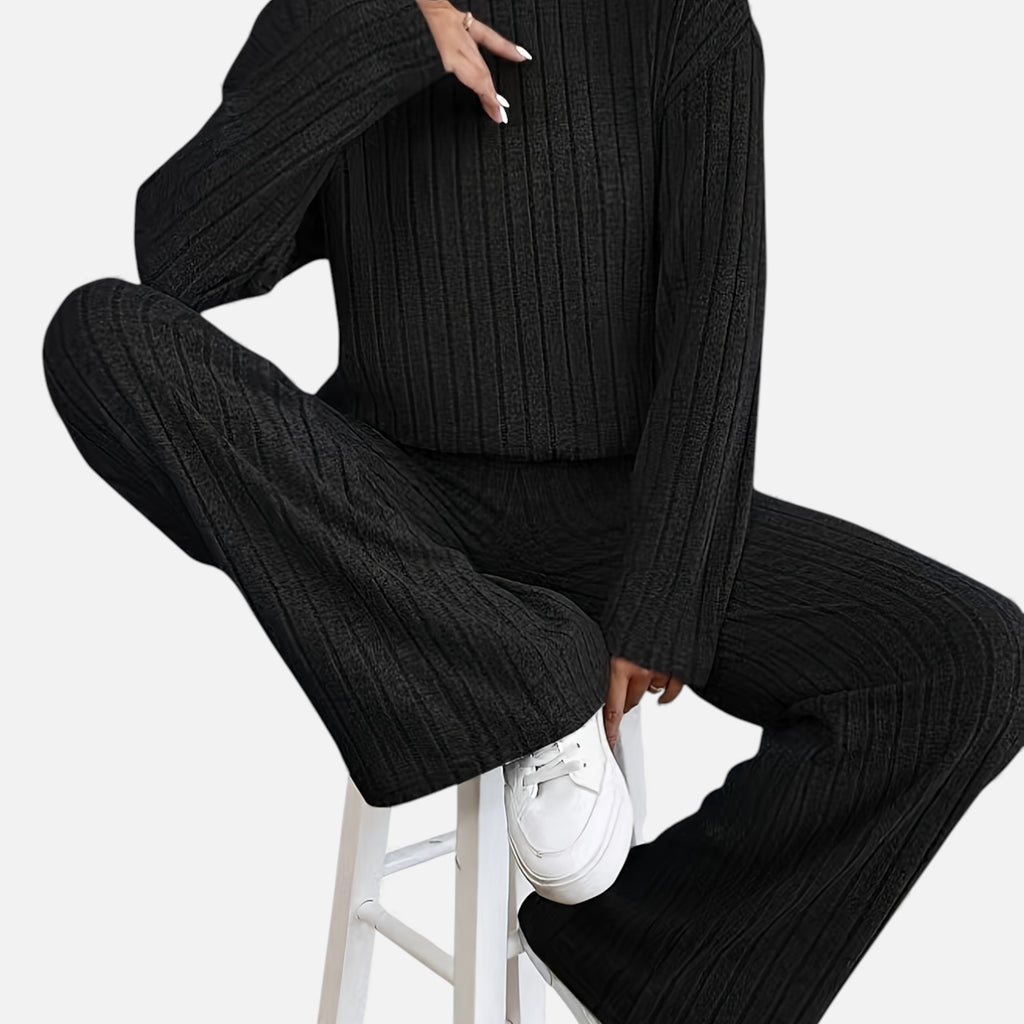 Zarenzio | Women’s Ribbed Co-ord Set with Wide-Leg Trousers