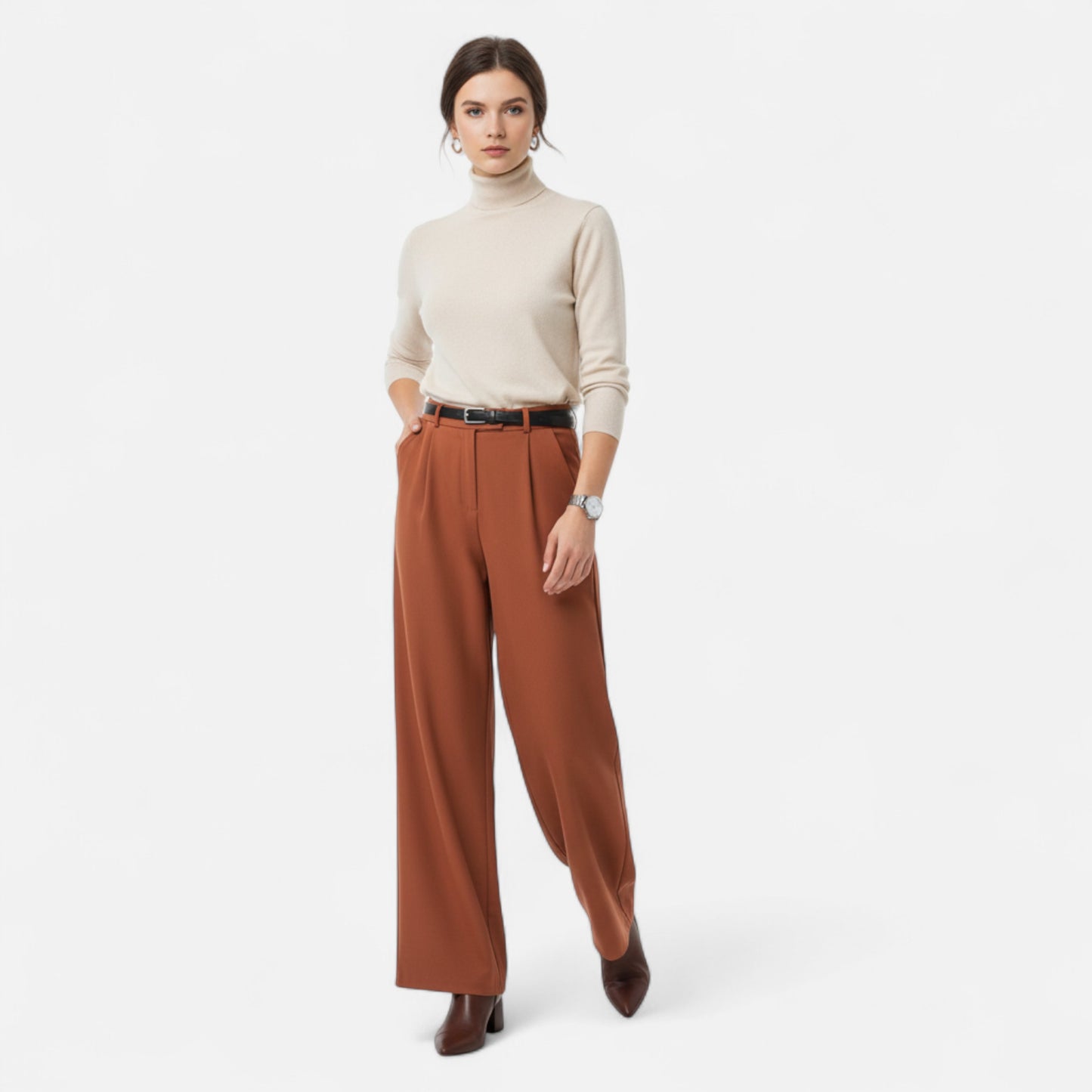 Zarenzio | Women's Polyester High Waist Wide Leg Trousers