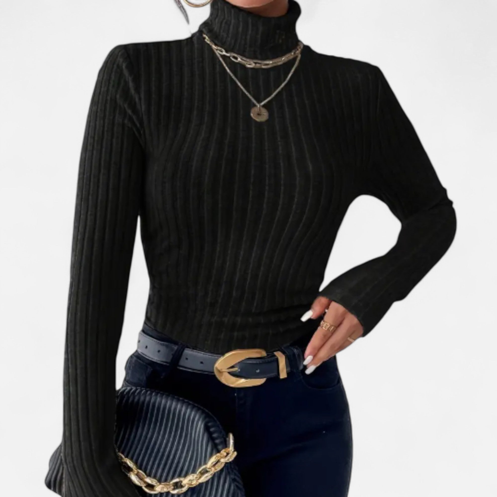 Zarenzio | Women’s Ribbed High-Neck Long-Sleeve Top