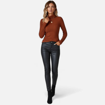 Zarenzio | Women’s Ribbed High-Neck Long-Sleeve Top