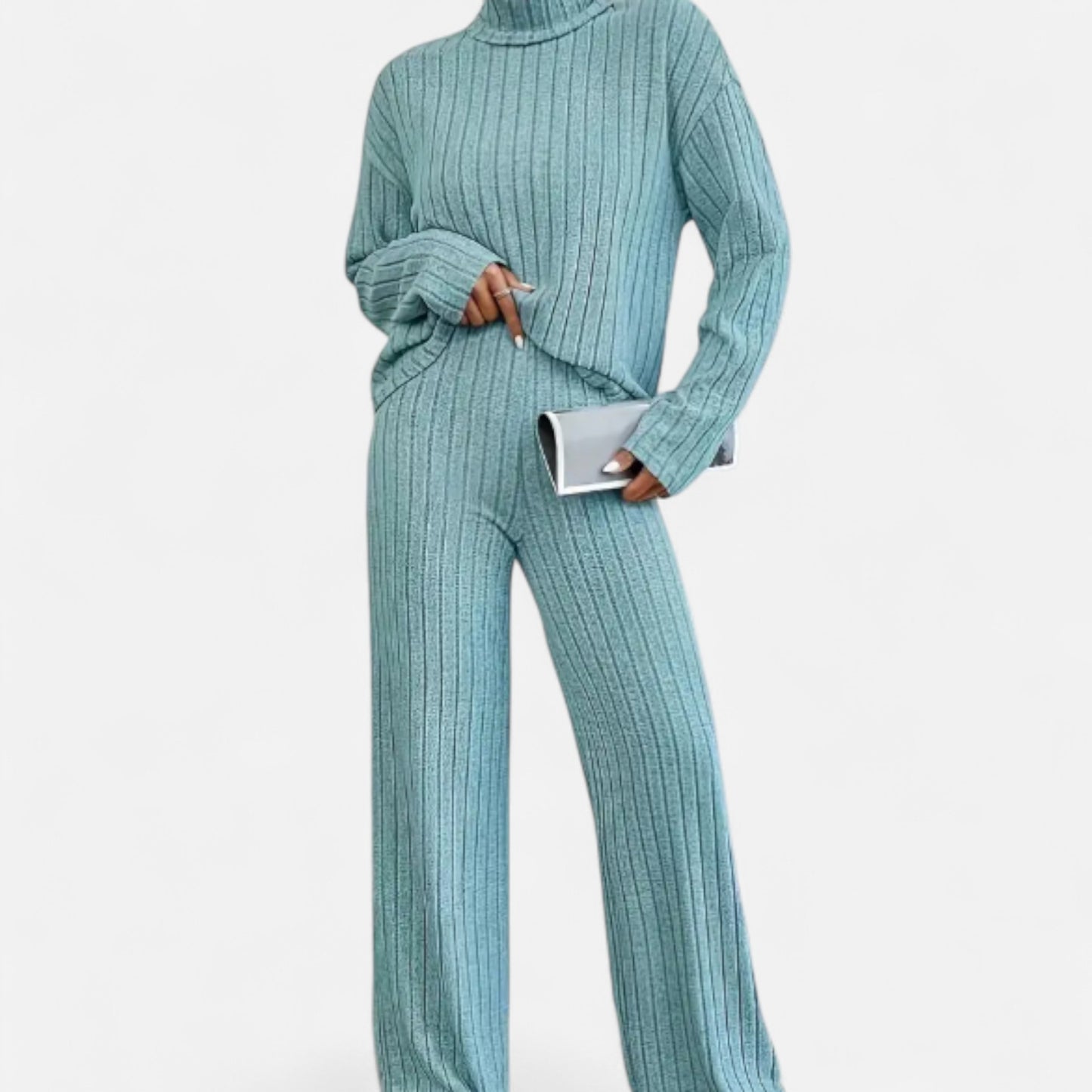 Zarenzio | Women’s Ribbed Co-ord Set with Wide-Leg Trousers