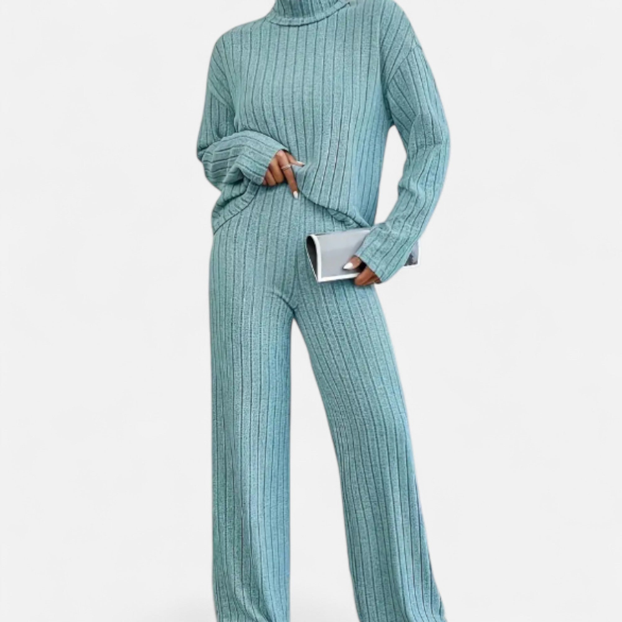 Zarenzio | Women’s Ribbed Co-ord Set with Wide-Leg Trousers