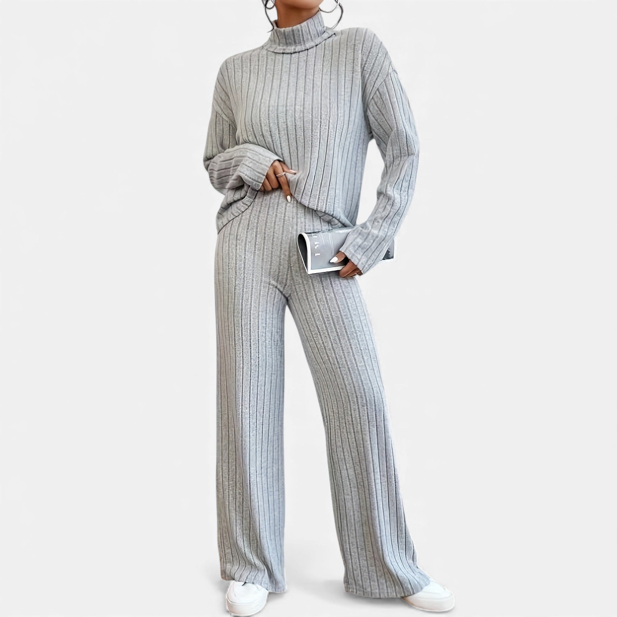 Zarenzio | Women’s Ribbed Co-ord Set with Wide-Leg Trousers
