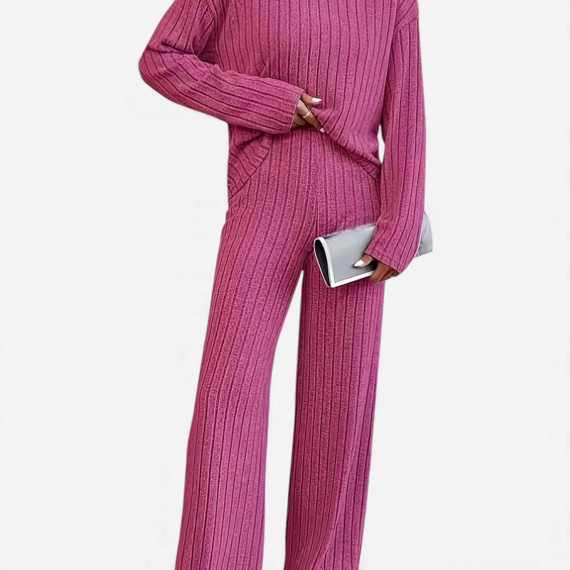 Zarenzio | Women’s Ribbed Co-ord Set with Wide-Leg Trousers