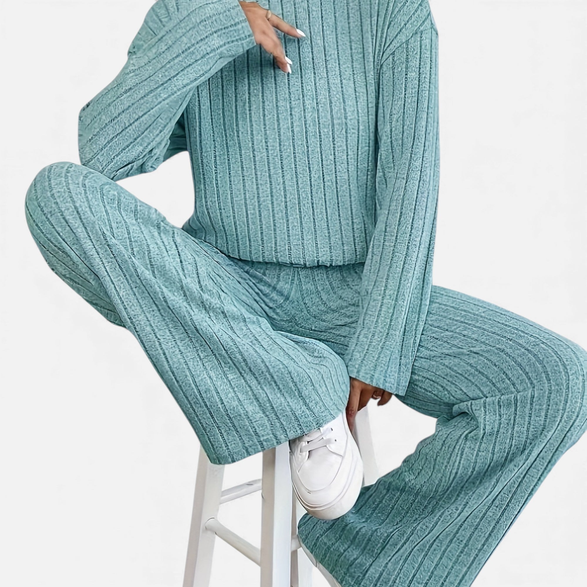 Zarenzio | Women’s Ribbed Co-ord Set with Wide-Leg Trousers