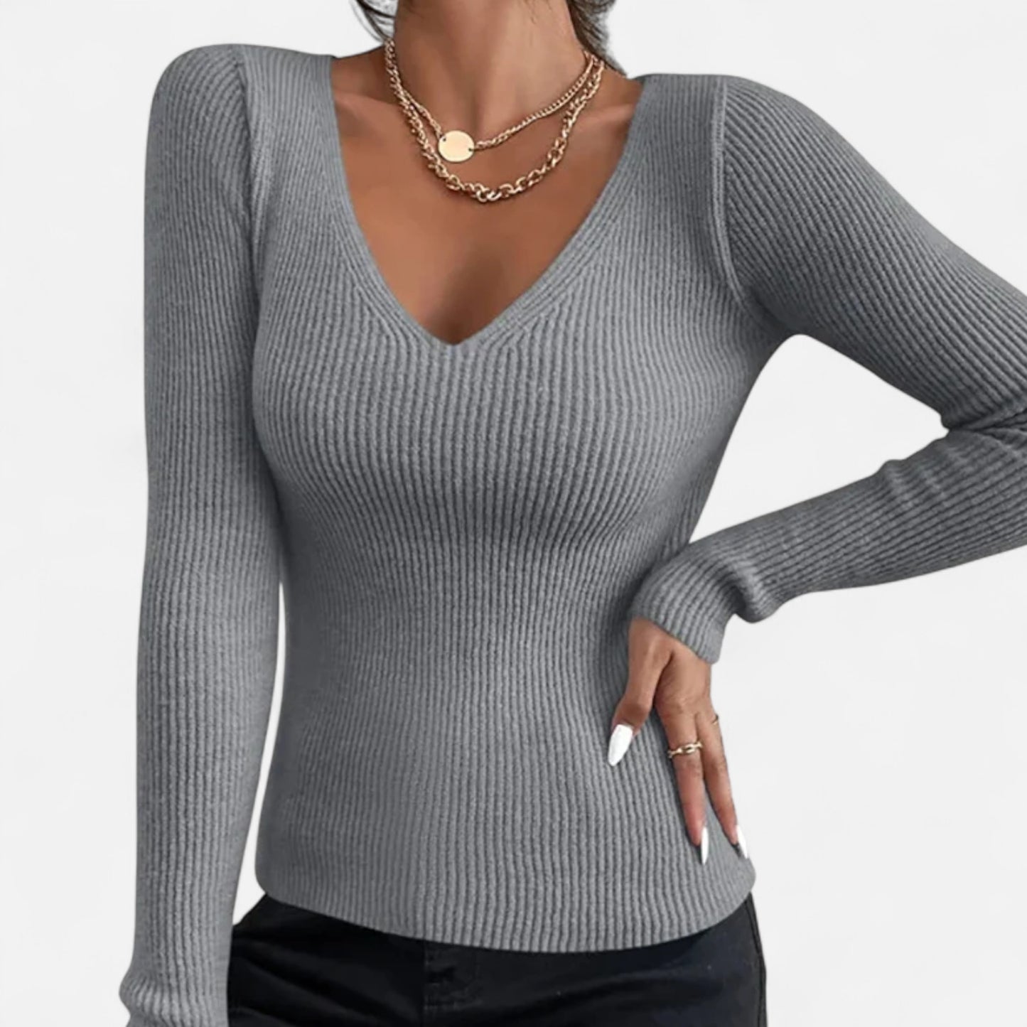 Zarenzio | Women's Cotton Acrylic Rib Knit V-Neck Pullover Sweater