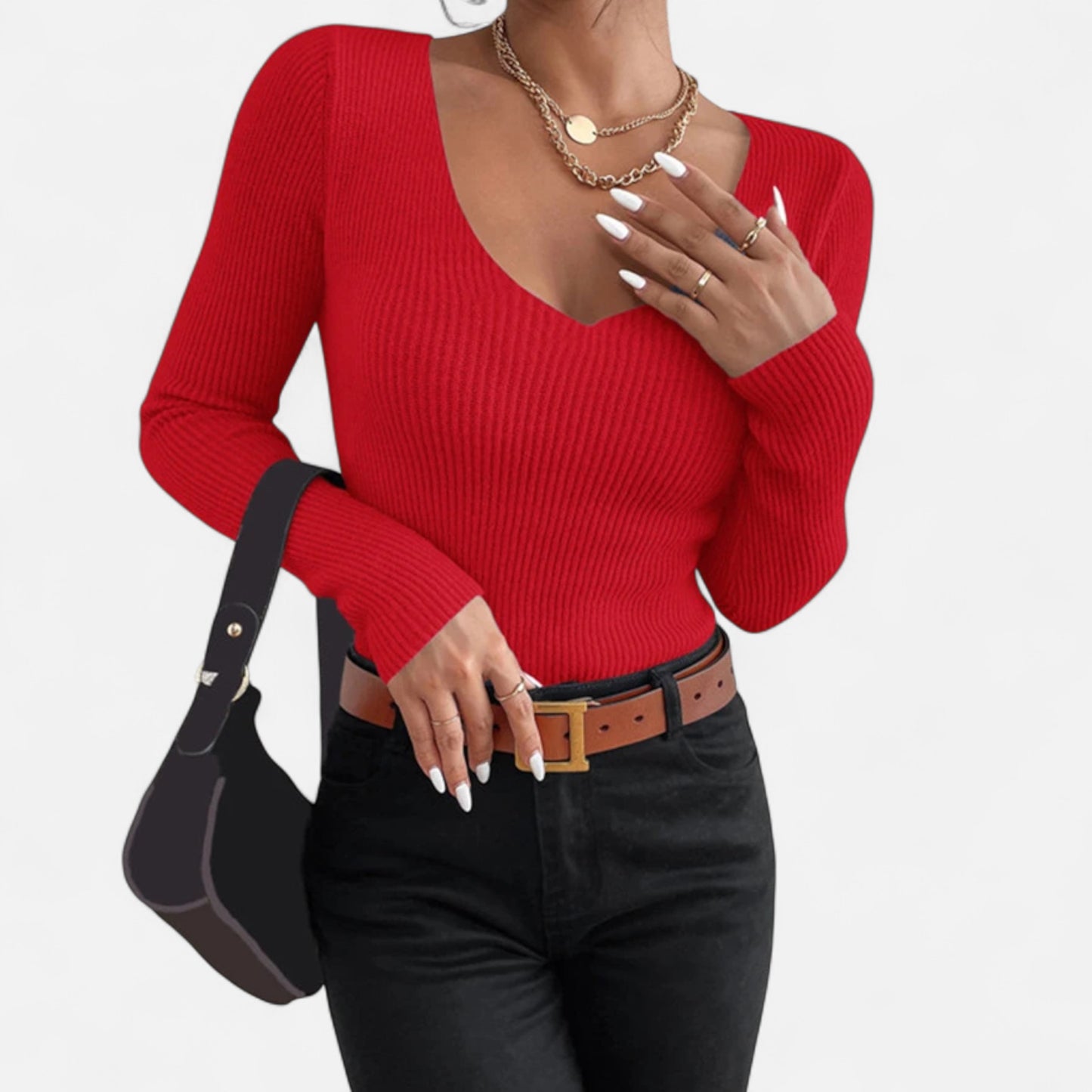 Zarenzio | Women's Cotton Acrylic Rib Knit V-Neck Pullover Sweater