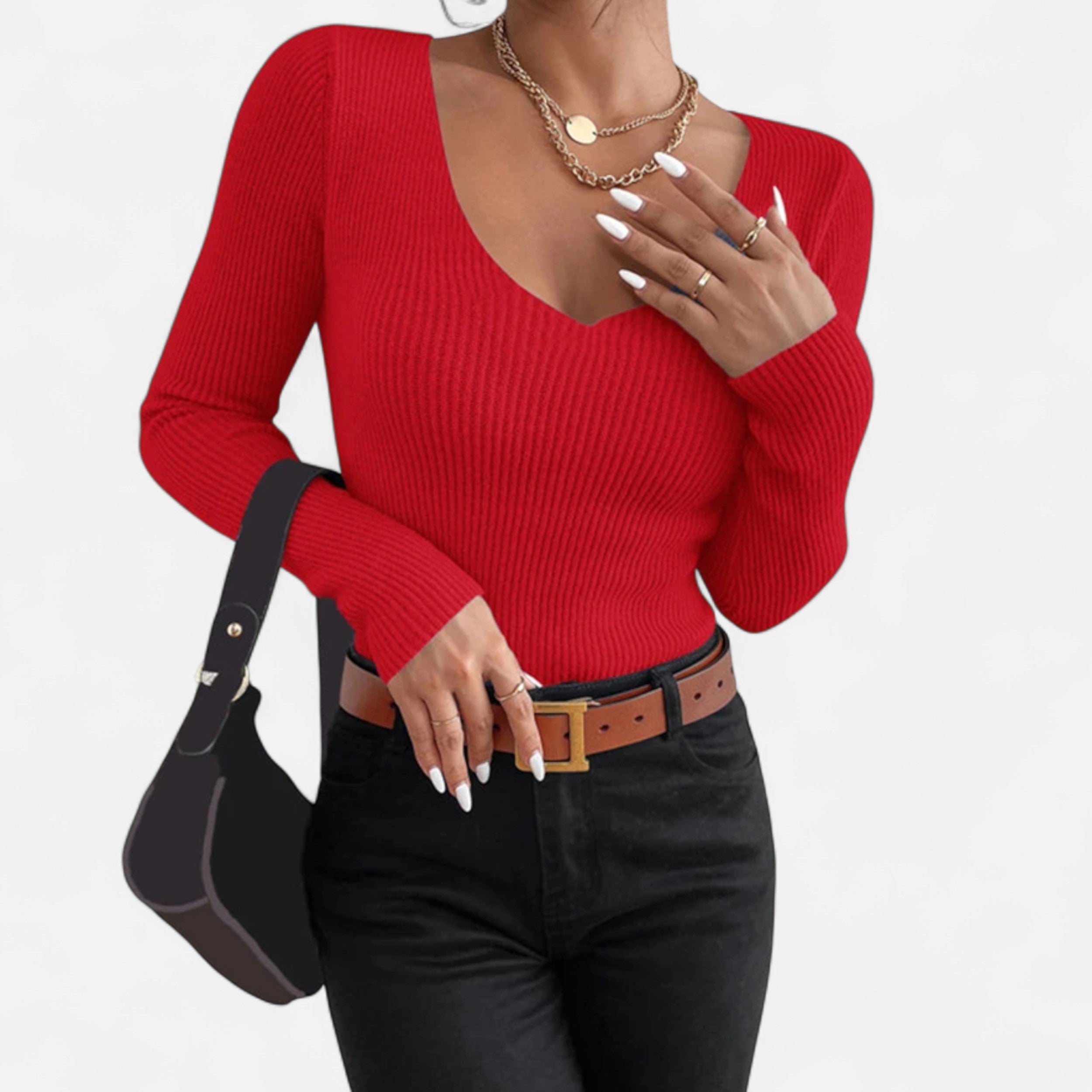 Zarenzio | Women's Cotton Acrylic Rib Knit V-Neck Pullover Sweater