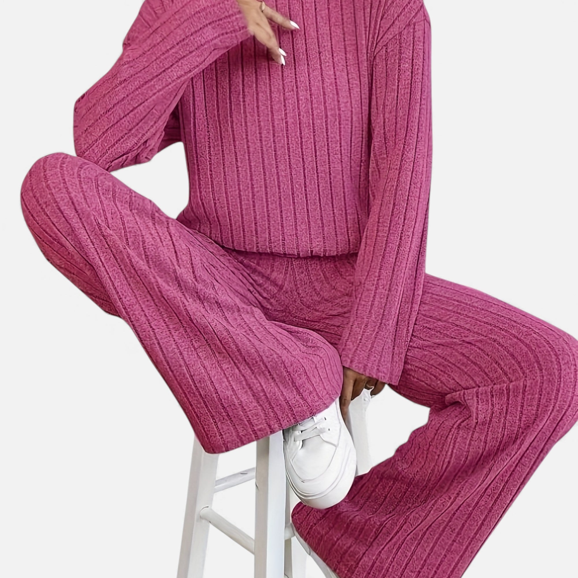 Zarenzio | Women’s Ribbed Co-ord Set with Wide-Leg Trousers