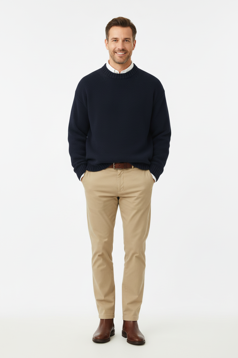 Lachend Model met Donkerblauwe Trui en Lichte Broek - Old Money Stijl