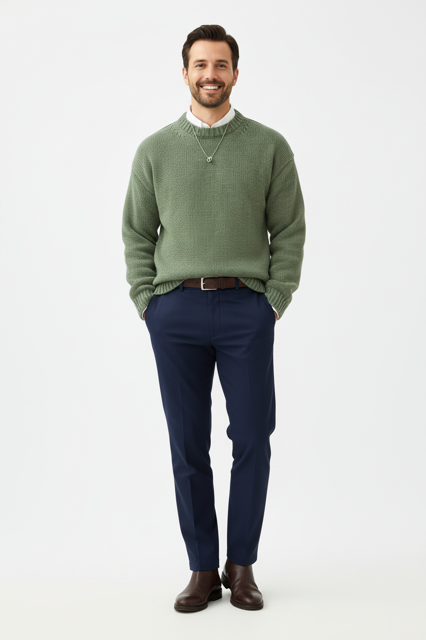 Lachend Model met Groene Trui - Old Money Stijl