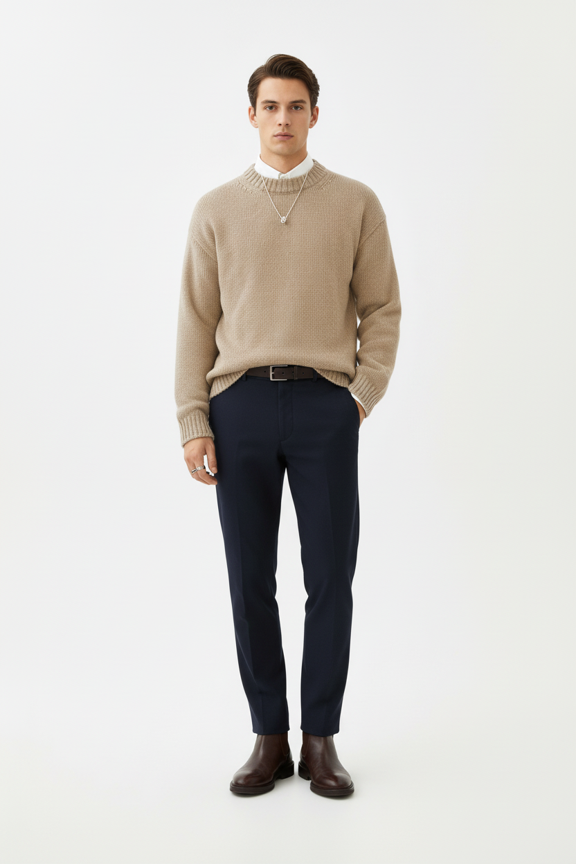 Model met Beige Trui en Donkerblauwe Broek - Old Money Stijl